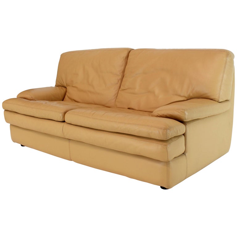 Roche Bobois Light Peach Leather Loveseat Small Sofa - Soho Treasures