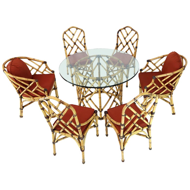 McGuire 7 Pieces Bamboo Dining Set Round Glass Top Table Two Arm Chairs Leather - Soho Treasures