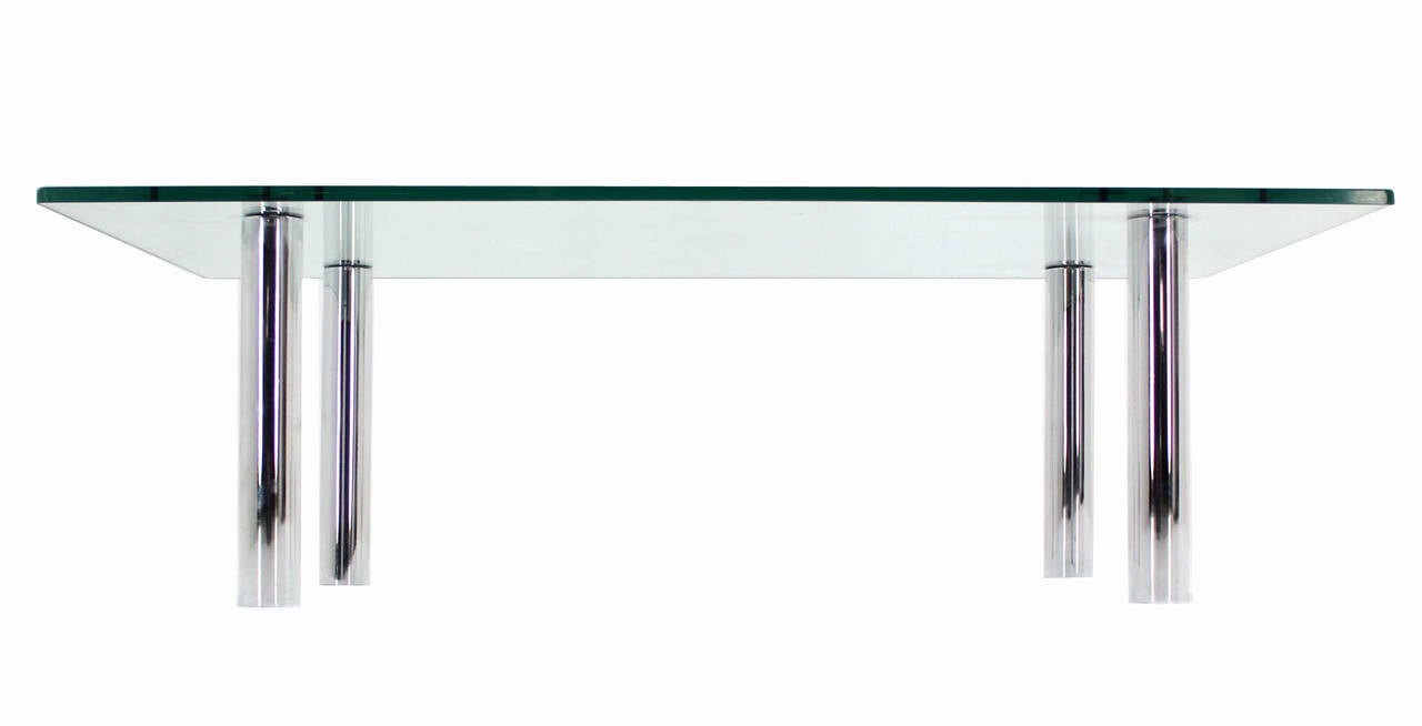 Mid Century Modern Chrome Cylinder Legs Glass Rectangular Coffee Table ...