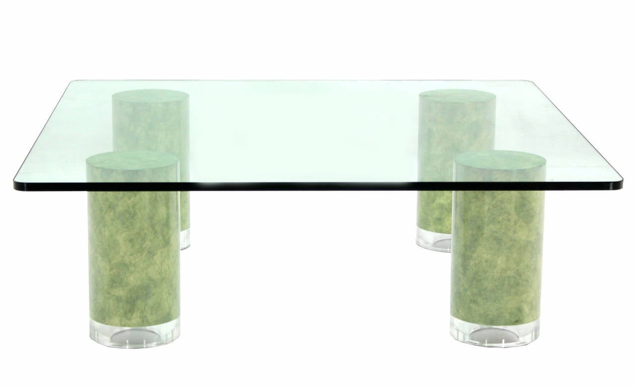 Huge Square Glass Top Coffee Table on Thick Cylinder Faux ...