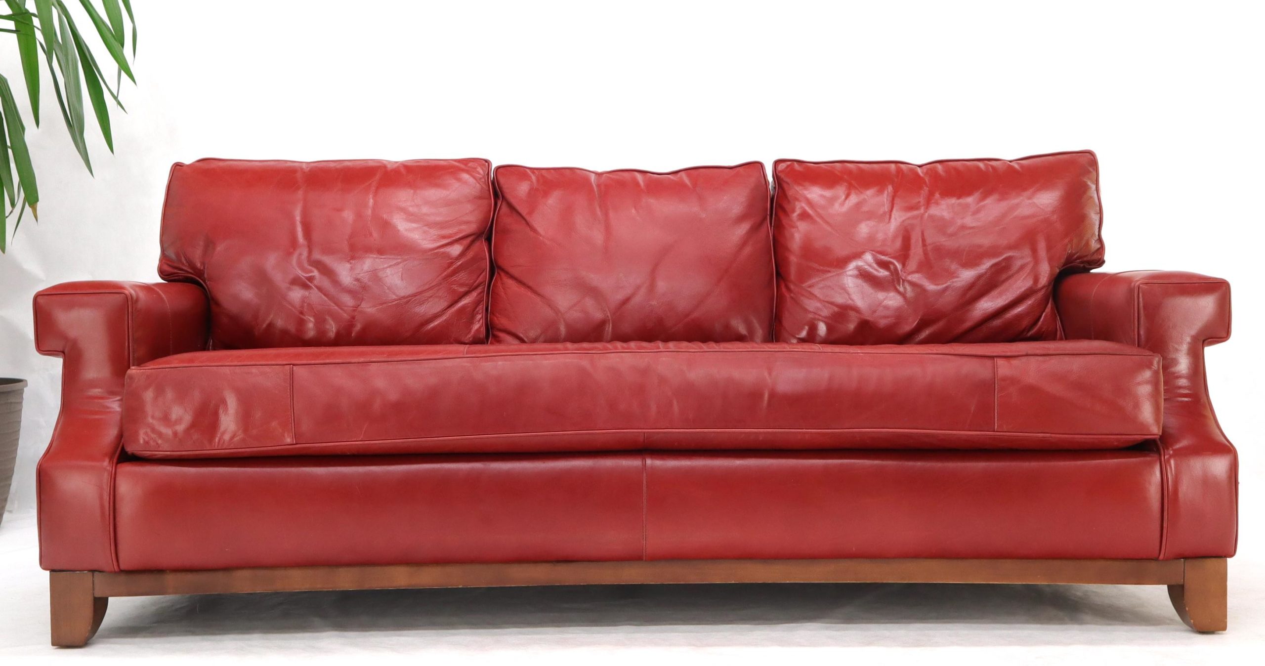 Concave Front Edge Tomato Red Leather, Thomasville Leather Couch