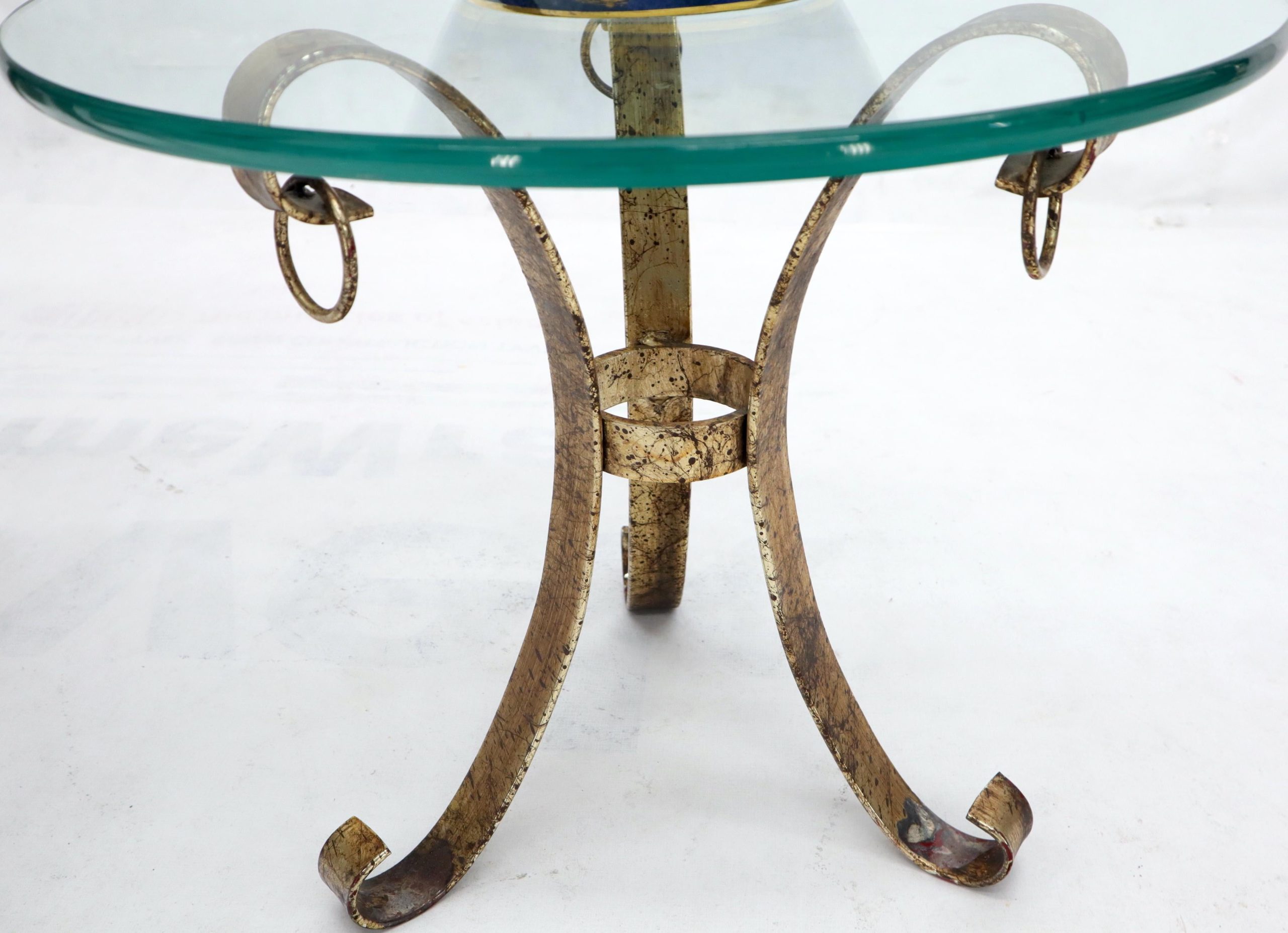 Round Glass Top Gold Gilt Tripod Wrought Iron Base Side End Table Soho 4076